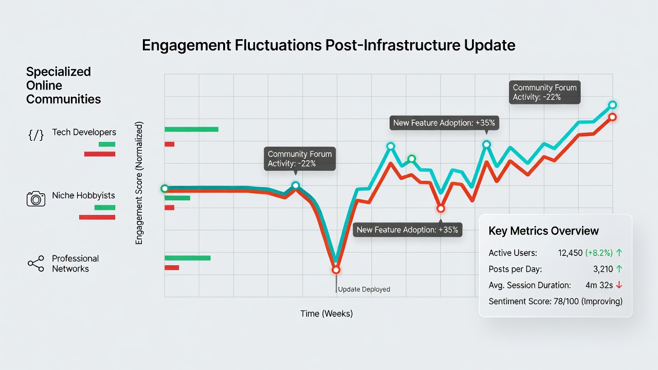 Chart displaying user retention rates in specialized forums during 2025 and 2026 infrastructure events